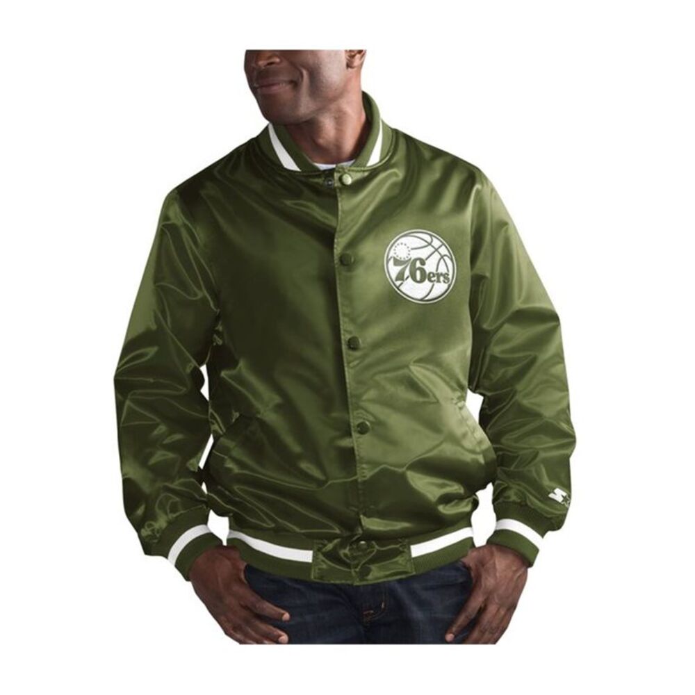 STARTER Olive Green Satin 76ers Lightweight Shirt Jacket
